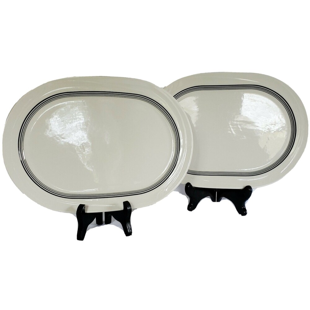 2 Art Deco Oval Oneida Buffalo Espree Platter Plates 3 BLK Pinstripes Hotelware